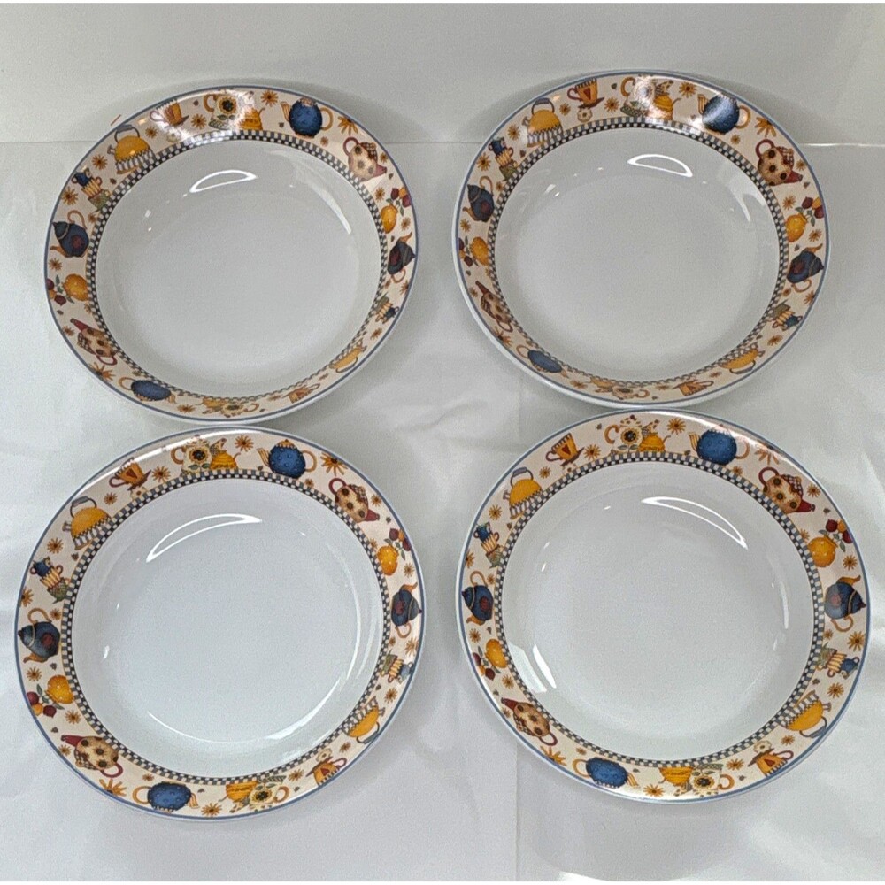 Sakura Debbie Mumm TEAPOTS 1998 7.5” Salad Soup Bowls Set of 4 Stoneware